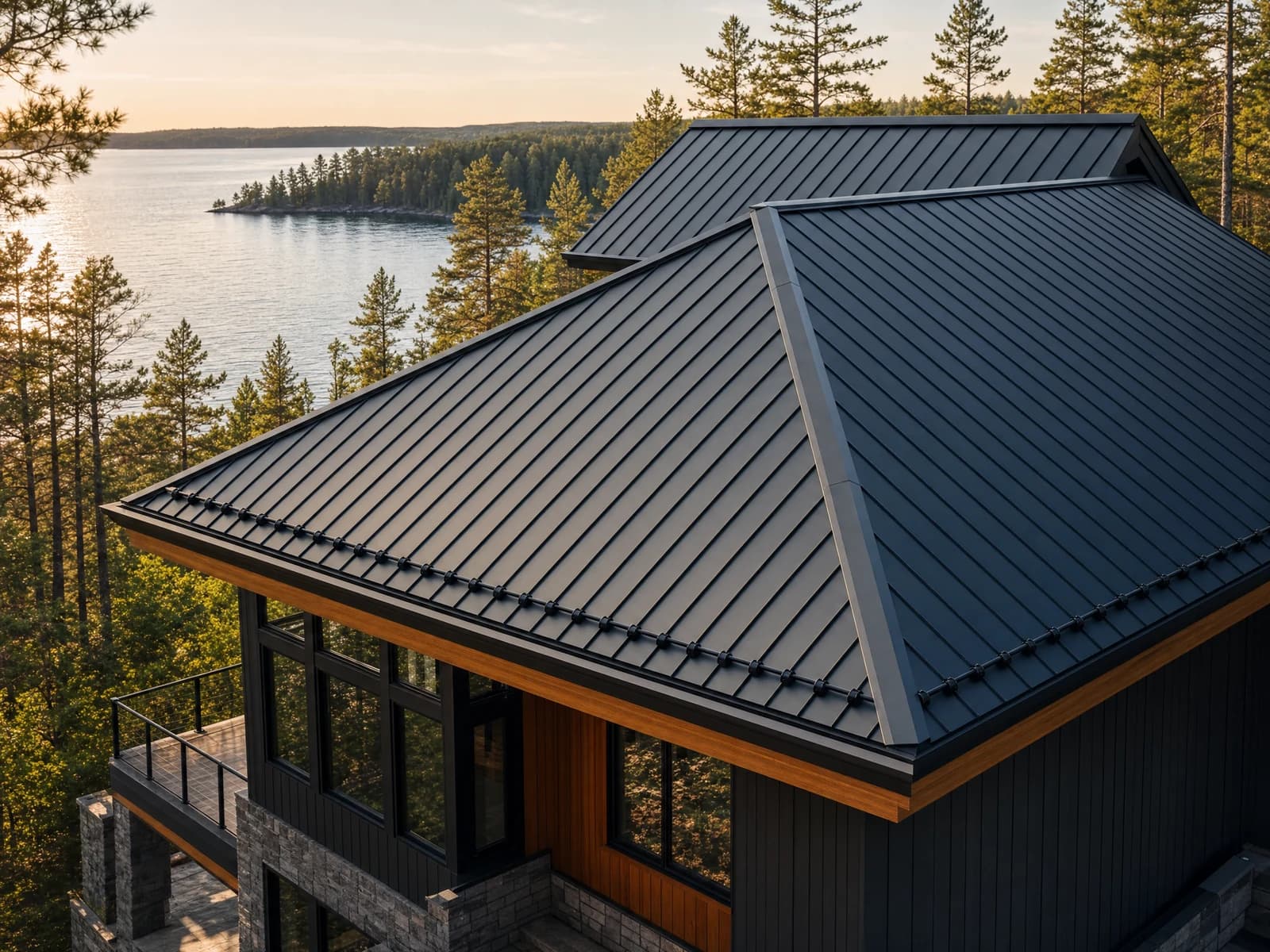 Standing seam metal roof on a Minnesota lake home