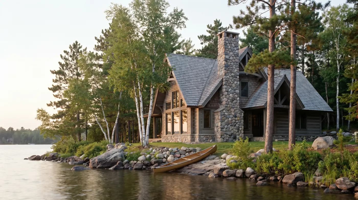 Crosslake lake retreat on Whitefish Chain with new hand-split cedar shake roof, 12/12 gable, stone chimney, birch and red pine, early-evening golden light