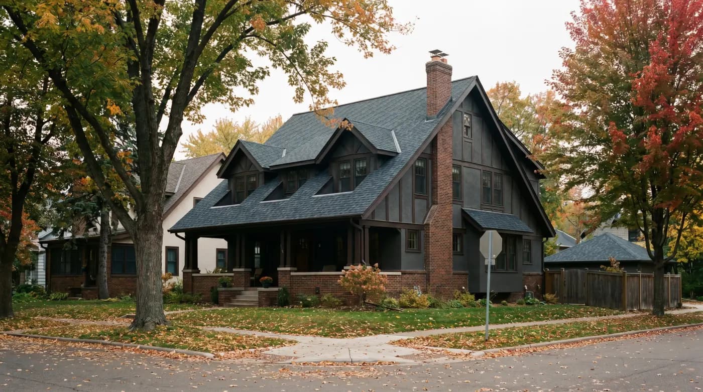 Maple Grove two-story colonial on a wooded cul-de-sac with new GAF Timberline HDZ in charcoal, 8/12 pitch, October maple color