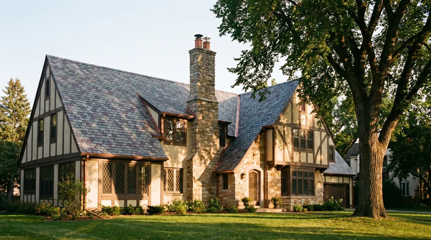 Historic St. Paul tudor on a Summit Avenue side street with restored natural slate, grey-purple random-width courses, copper flashing, stone chimney, September afternoon