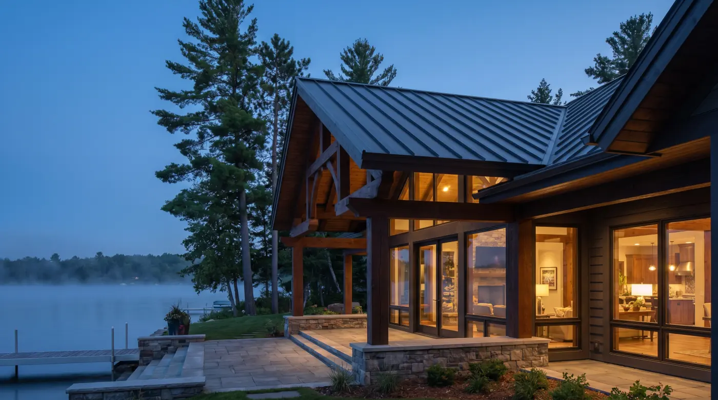 Nisswa Gull Lake cabin with new matte dark bronze standing seam metal roof, deep timber overhangs, granite shoreline through white pines, blue-hour evening