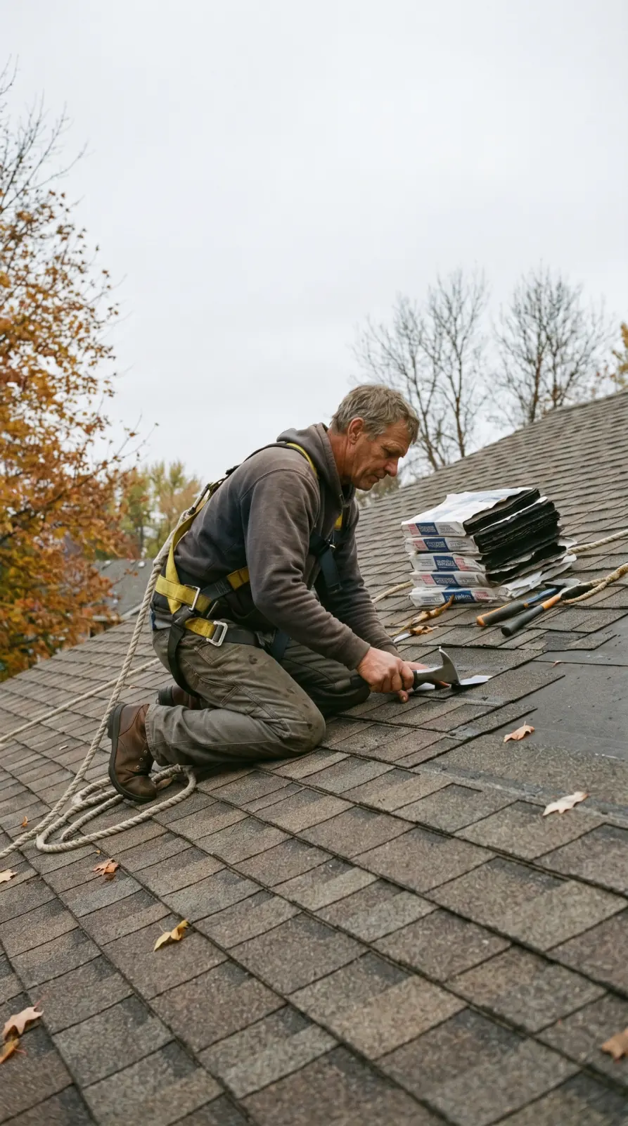 Roofer kneeling on a residential asphalt-shingle roof replacing a small section of wind-damaged shingles, flashing tool in hand, overcast Minnesota light