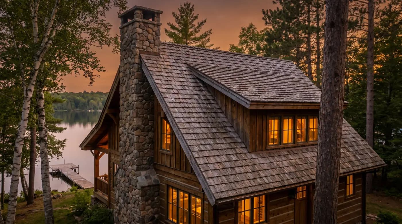 Crosslake lake retreat on Whitefish Chain with new hand-split cedar shake roof, 12/12 gable, stone chimney, birch and red pine, early-evening golden light