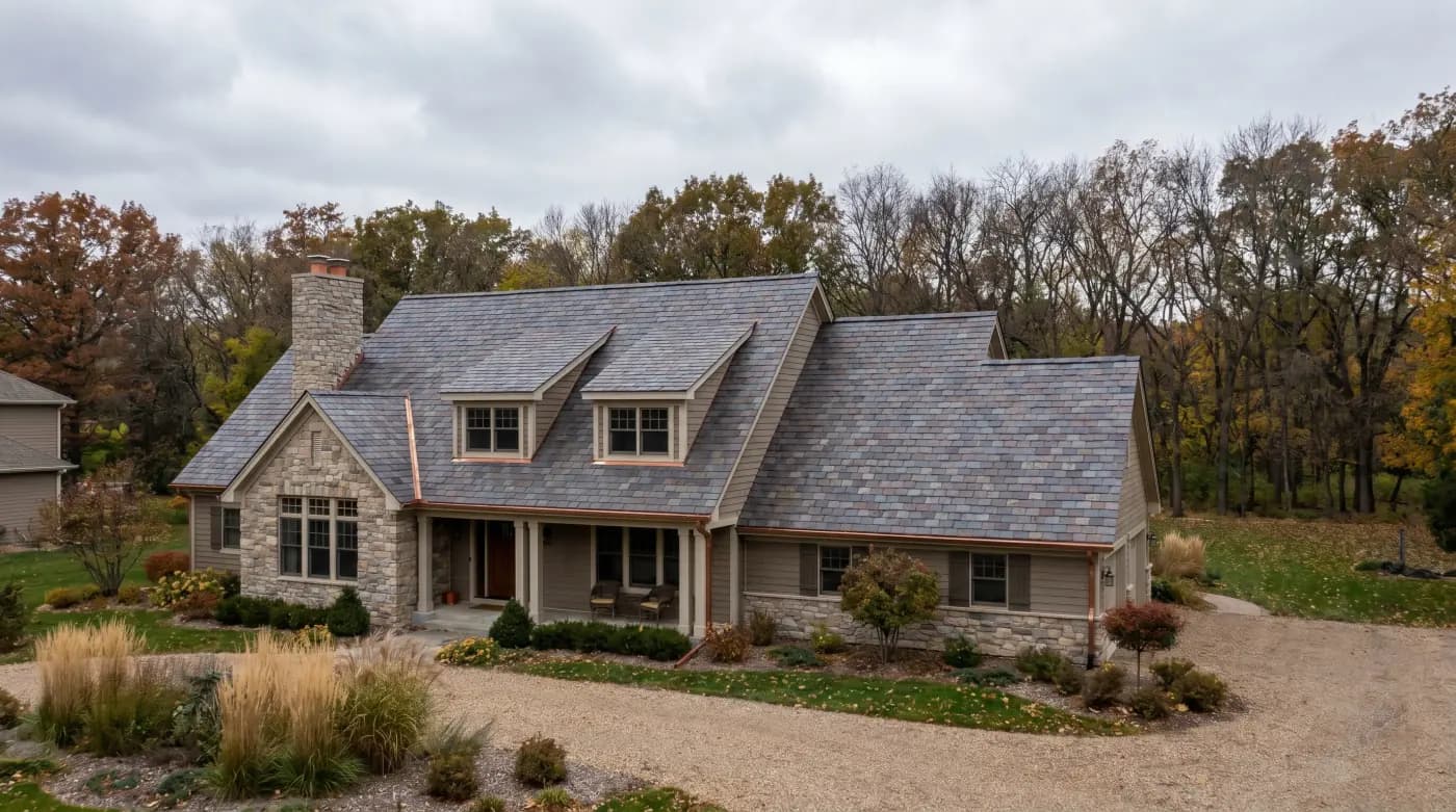 Gull Lake estate home with new natural slate roof, grey-purple courses, copper dormer flashing, stone chimney, wooded shoreline lot, October overcast