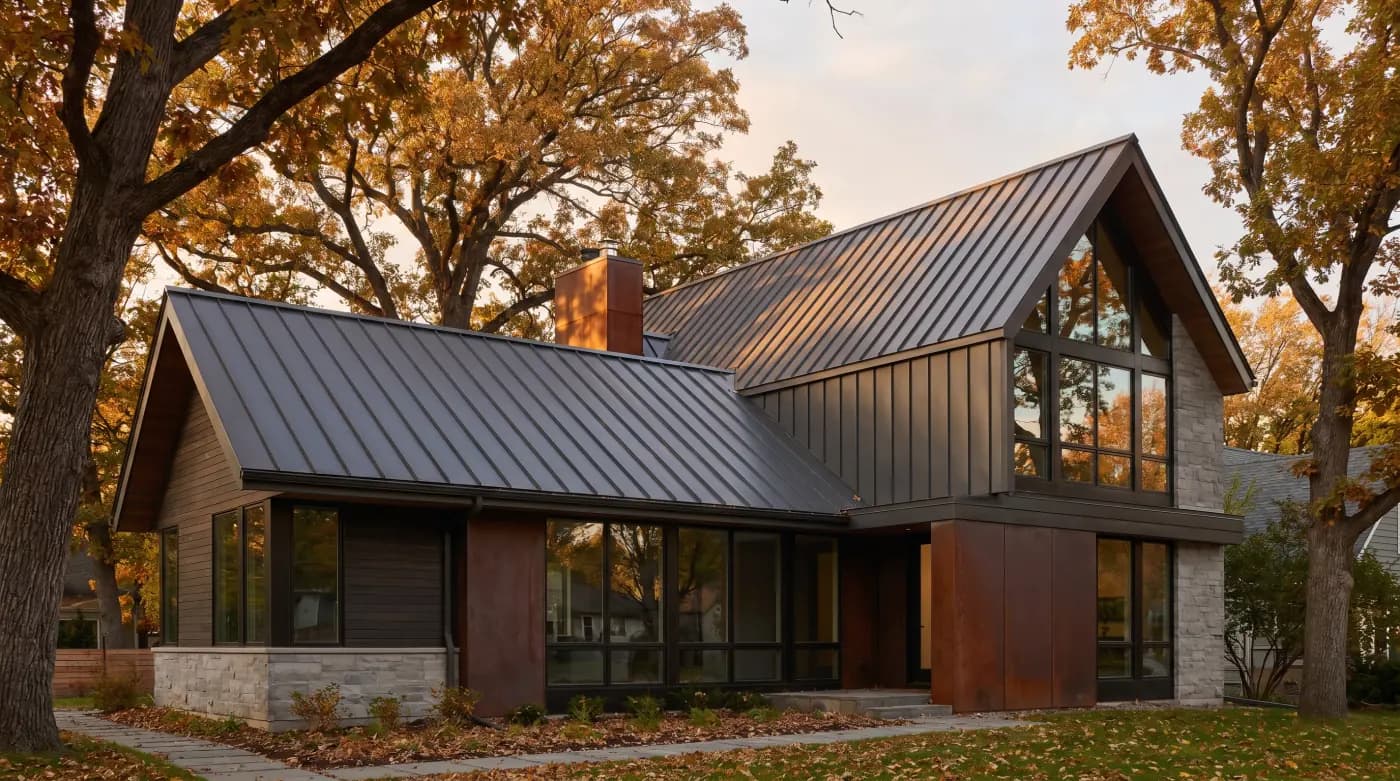 Whitefish Chain contemporary lake home with new matte charcoal standing seam metal roof, 4/12 pitch, large windows facing the water, October afternoon light